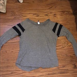 Gray long sleeve shirt with black mesh stripes